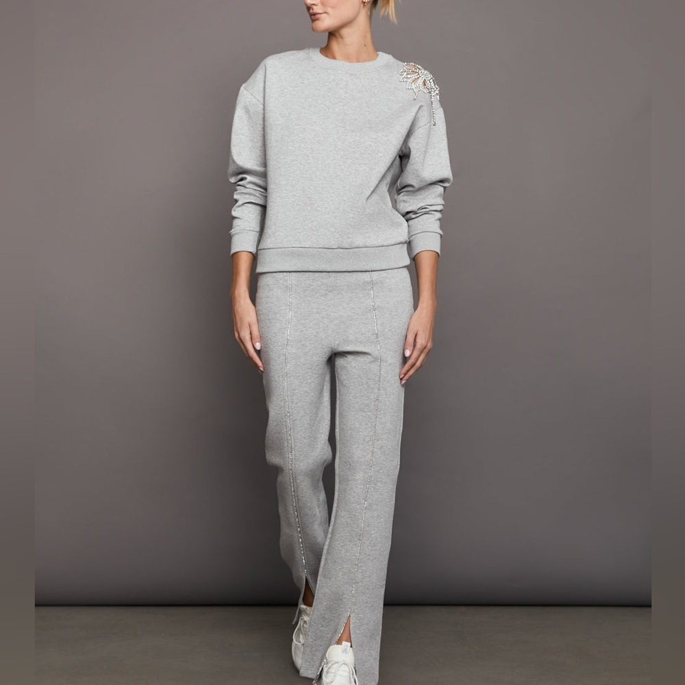 Carbon38 Rhinestone cut out Gray Sweatshirt with Embellished Shoulder - Picture 5 of 16